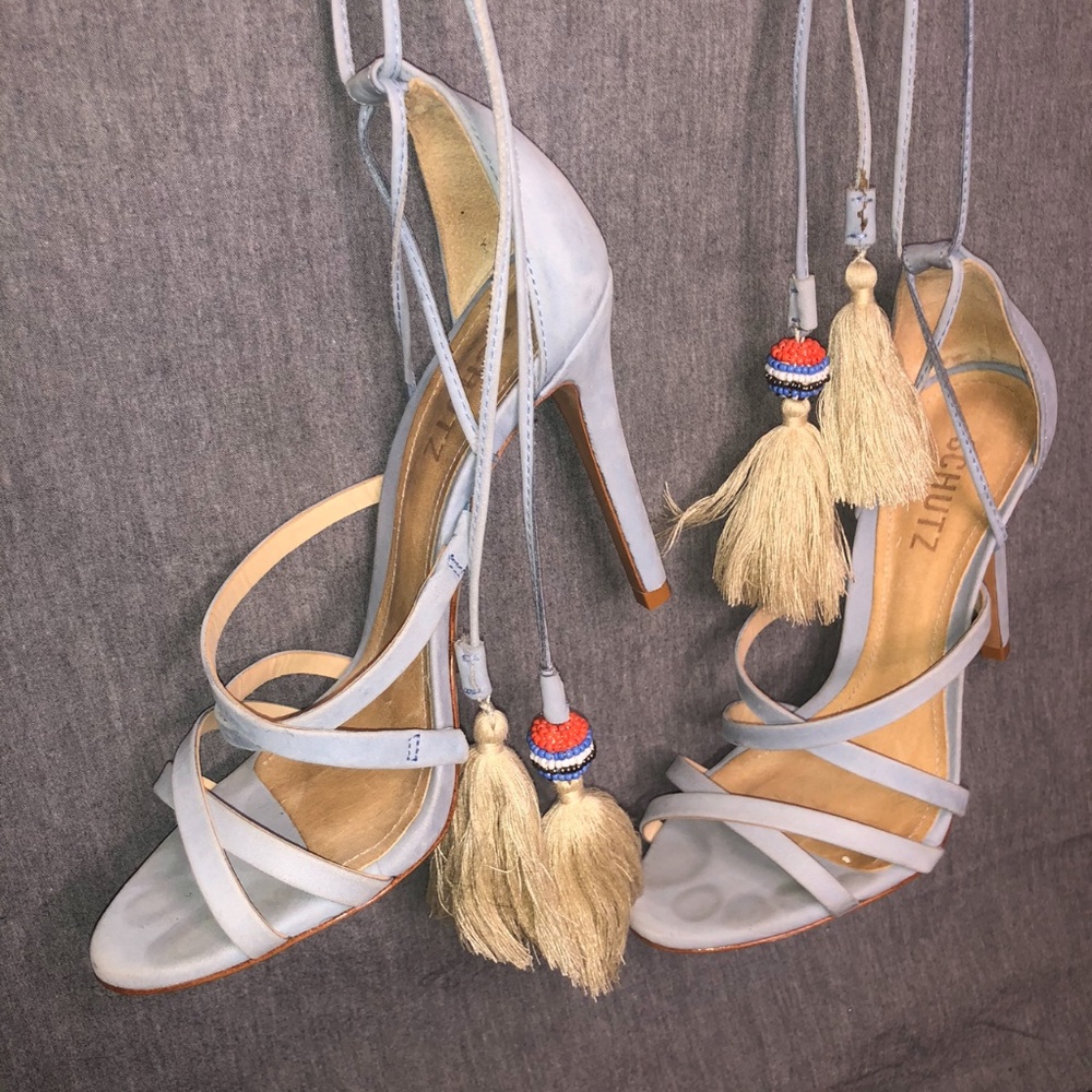 Tie up baby blue Schutz heels with beaded detail